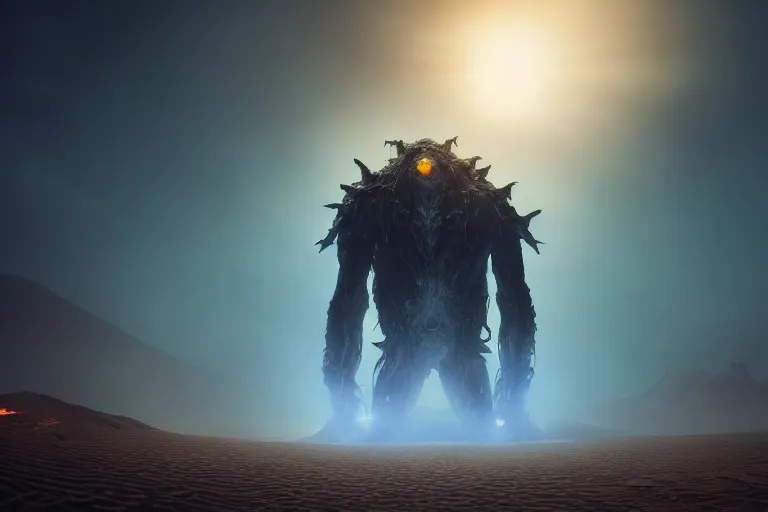 Prompt: looking up at a gigantic angry monster made of glowing light standing tall in the desert, elden ring boss, realism, photo realistic, high quality, misty, hazy, ambient lighting, cinematic lighting, studio quality,