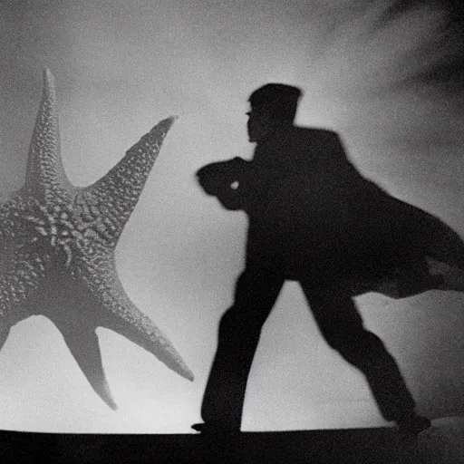 Image similar to a man in the fog and a giant starfish monster emerging above, 1950s Korean film noir in the style of Orson Welles and Ishiro Honda