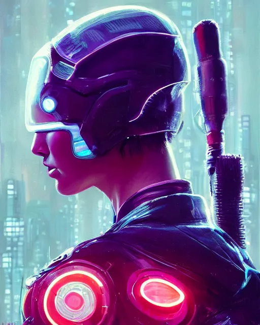 Image similar to detailed side profile portrait Gal Gadot, cyberpunk futuristic neon, reflective puffy coat, decorated with traditional Japanese ornaments by Ismail inceoglu dragan bibin hans thoma greg rutkowski Alexandros Pyromallis Nekro Rene Maritte Illustrated, Perfect face, fine details, realistic shaded, fine-face, pretty face