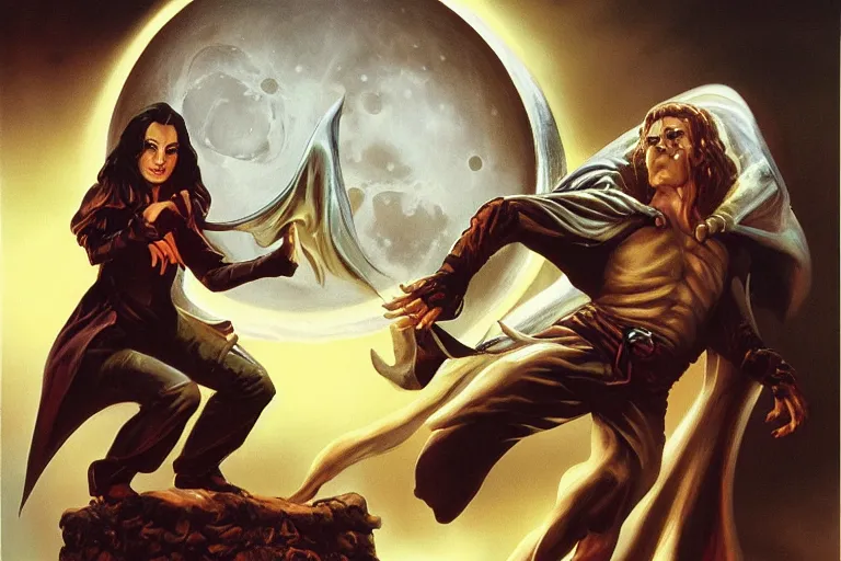 Image similar to vampire spellcaster sealer of the roll, art by boris vallejo, trending on artstation, moon light product view in the silver hour, realism, framed by gather, magic realism, realism