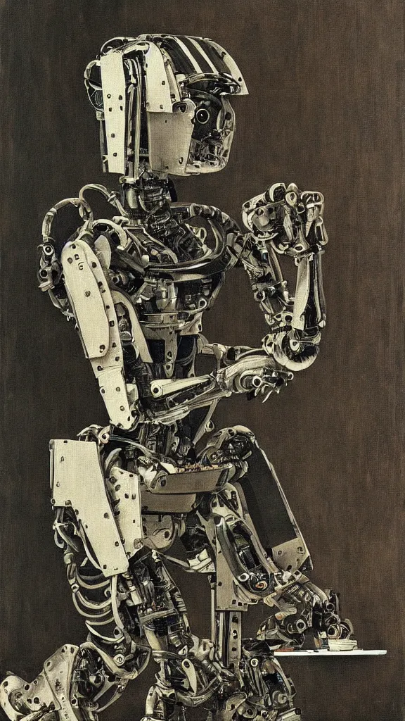 Image similar to robot painting a robot on canvas, intricate, highly detailed, photorealistic, film still, by hans thoma.