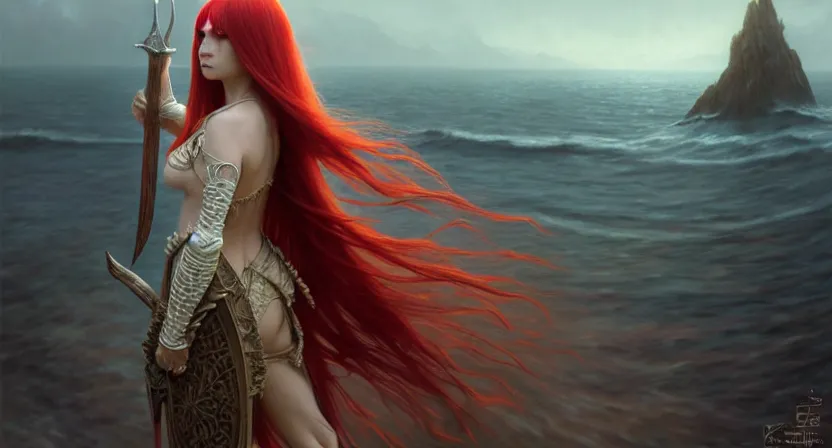 Image similar to mage floating casting, red hair straight bangs wearing ivory carved bone armor, ocean utopia, movie action still frame, ultra wide horizon, intricate, elegant, highly detailed, hyperreal highly detailed 8 k, digital painting, concept art, smooth, sharp, focus, illustration, art by artgerm, greg rutkowski, ilya kuvshinov, alphonse mucha