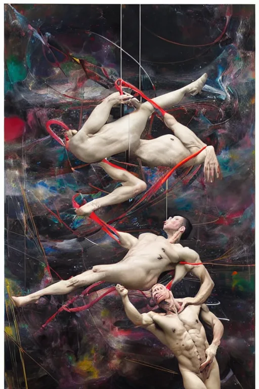 Image similar to muscular men entwined together, floating in space, zero gravity, inside a brutalist space ship, gothic, rich deep colours, painted by francis bacon, adrian ghenie, james jean and petra cortright, part by gerhard richter, part by jenny saville, part by takato yamamoto. 8 k masterpiece