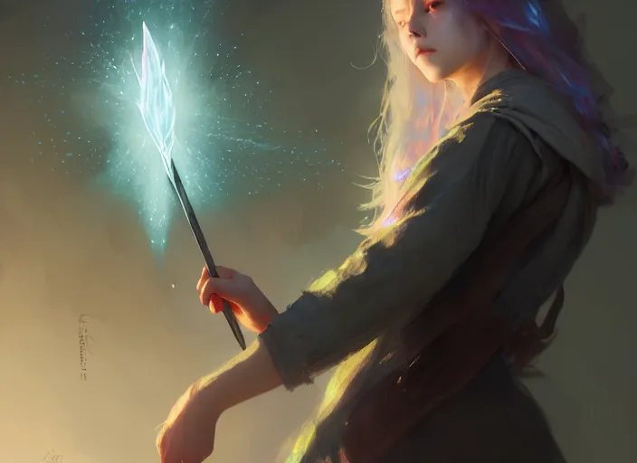 Prompt: rugged female college student witch, light iridescent hair color, magic school uniform, casting spells, fantasy, intricate, sharp focus, lens flare, bloom, illustration, highly detailed, digital painting, concept art, matte, art by ruan jia and wlop and greg rutkowski, masterpiece