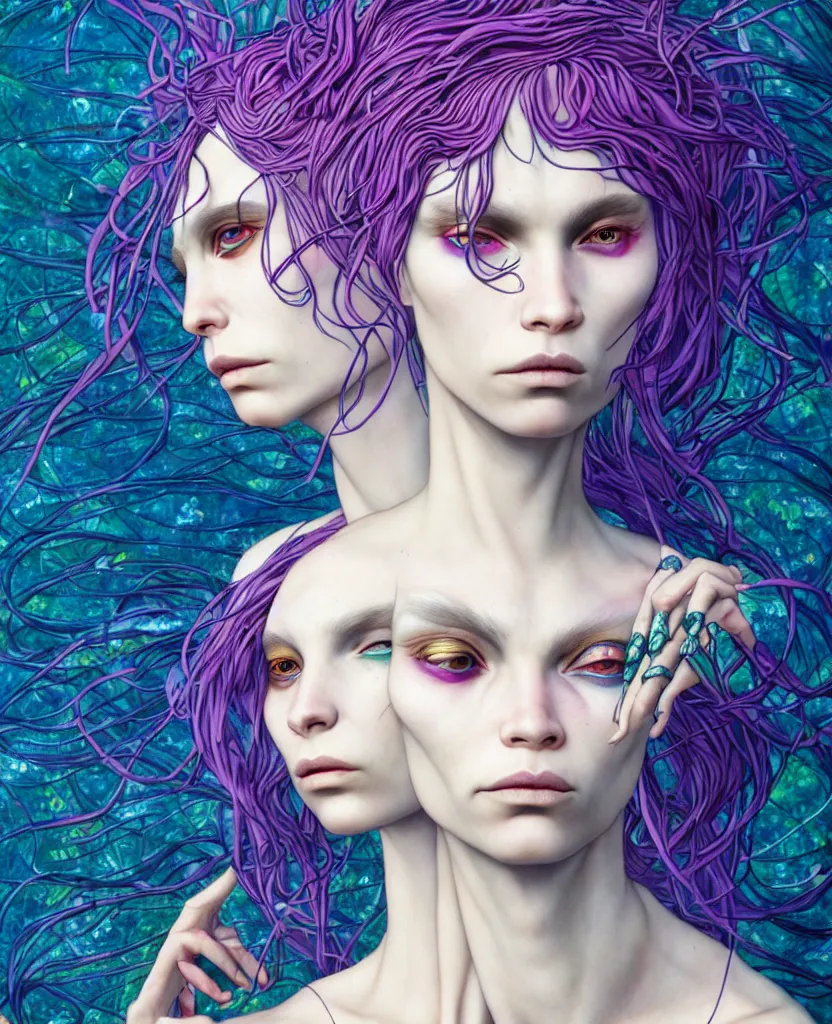 Prompt: 1 figure, the non-binary deity of Spring, resembling a mix of Grimes, Aurora Aksnes, and Zoë Kravitz, in a style blend of Botticelli, Möbius and Æon Flux, stunningly detailed artwork, hyper photorealistic 4K, stunning gradient colors, very fine inking lines