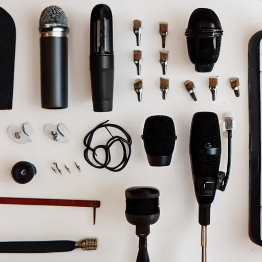 Image similar to a microphone taken apart and all its parts laid out neatly on a table