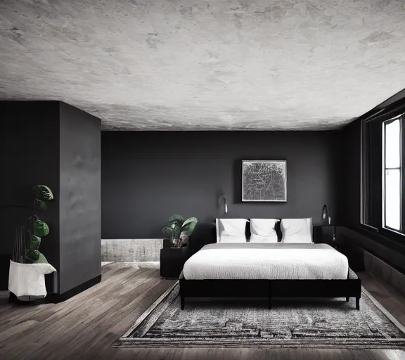 Image similar to brutalist black mansion luxury bedroom interior design minimalist organic, organic architecture furniture open space high quality octane render blender 8 k
