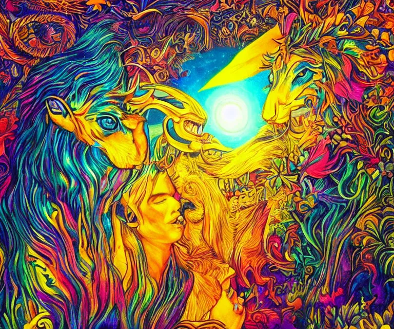 Image similar to the wildest dream, vivid colors, golden hour, psychedelic art, magical creatures