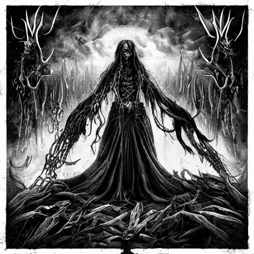 Image similar to heavy-metal album cover - dark-art, witch, made in tones of white and grey