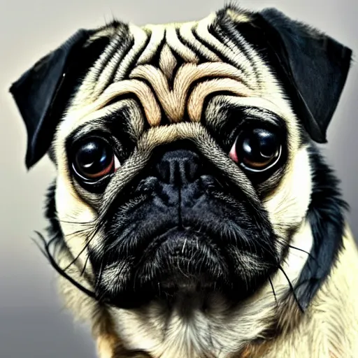 Prompt: a pug with black emo anime hair, intricate, masterpiece, stunning, oil painting