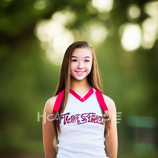 Prompt: a portrait photograph of a star student, popular, cute, 1 8 year - old american high school cheerleader. portrait canon 8 5 mm f 1. 2 photograph head and shoulders portrait