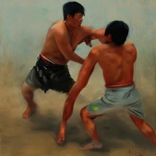 Image similar to asian person fighting a turkish person, cinematic, 4 k, oil painting