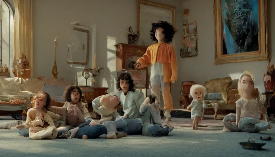 Image similar to movie still by alejandro jodorowsky of a beautiful day in a family living room in suburban usa, visible magic energy, dream creature costumes, floating planets, fish, parade floats, cinestill 8 0 0 t eastmancolor technicolor, high quality, very detailed, heavy grain, fine facial features, 8 k, octane render