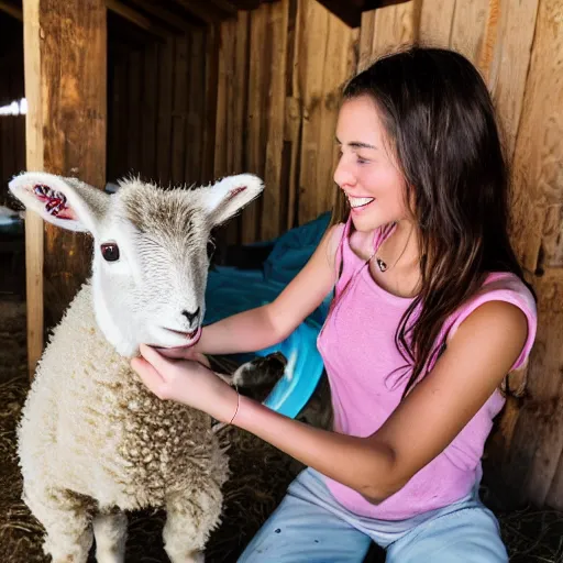 Prompt: a young woman filming a tiktok of herself feeding a baby lamb inside a barn, dressed like a farmer, uhd, 8k,