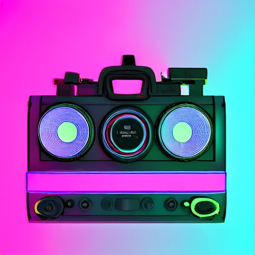 Image similar to DSLR 1980s Ghetto Blaster, Neon, Retrowave