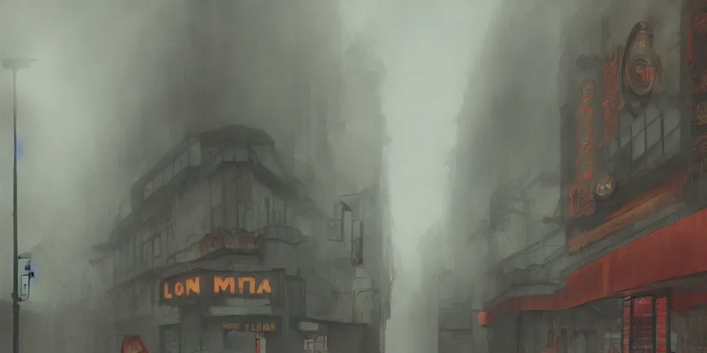 Image similar to an old cinema, foggy rainy day, matte painting, studio ghibli, artstation