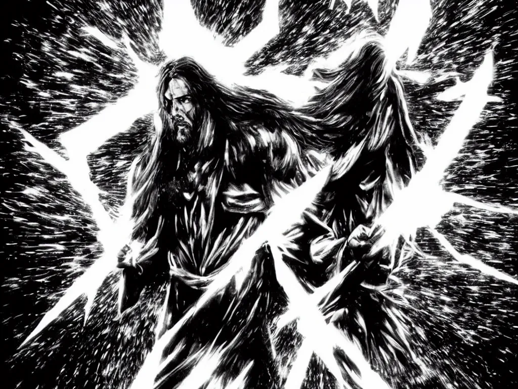 Image similar to jesus christ as a superhero with long hair and white eyes floating above the water shooting lightning out of his hands, sin city, full shot, graphic novel, symmetrical, frontal,