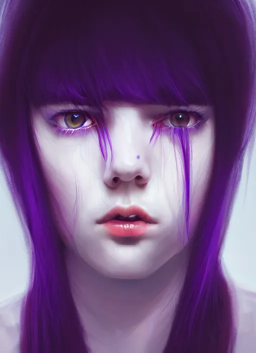 Image similar to hair whitebangs hair, black hair, blackbangswhitehair, portrait of teenage girl with white bangs, red irises, purple clothes, white bangs, bangs are different color from hair, intricate, elegant, glowing lights, highly detailed, digital painting, artstation, concept art, sharp focus, illustration, art by wlop, mars ravelo and greg rutkowski