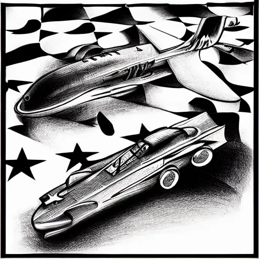 Prompt: ambiguous figure illustration with a racecar and a submarine, optical illusion, figure - ground illusion, hand drawn, pencil drawing, black and white