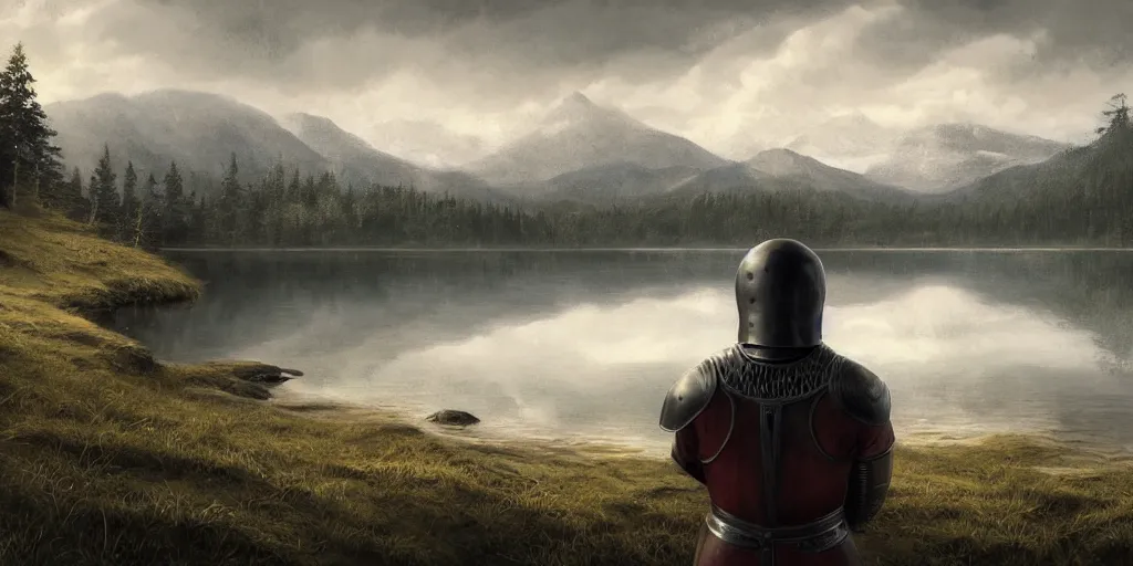 Prompt: beautiful landscape of small lake at midday with distant mountains and close - up of a bald symmetric man in medieval armor, ultra realistic, highly detailed, hd, sharp focus, cinematic lighting, realistic, vivid colors, gritty, matt painting, digital art, non blurry, sharp, artstation, concept art, smooth, illustration