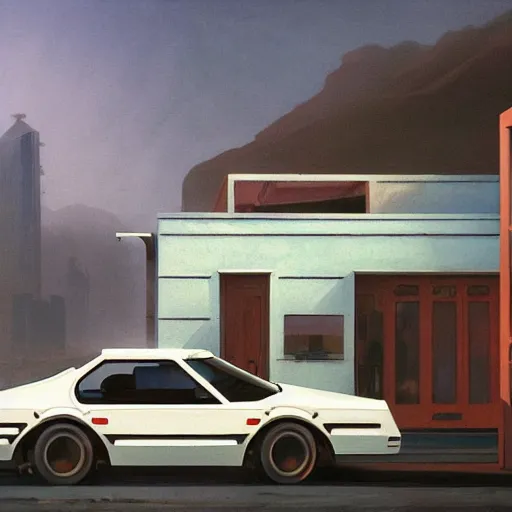 Image similar to a cinematic matte painting of a boxy 1 9 8 0 s sci - fi car with solar panels on roof and doors in a cluttered garage in india. by edward hopper, glennray tutor and greg rutkowski. trending on artstation.