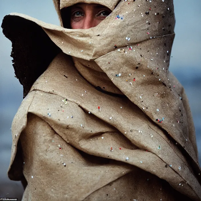 Image similar to closeup portrait of a woman with a hood made of paper and sprinkles, standing in a desolate apocalyptic landscape, by Annie Leibovitz and Steve McCurry, natural light, detailed face, CANON Eos C300, ƒ1.8, 35mm, 8K, medium-format print