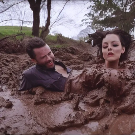 Prompt: film footage, a handsome man takes a woman out of the mud, clear and original image, no image error