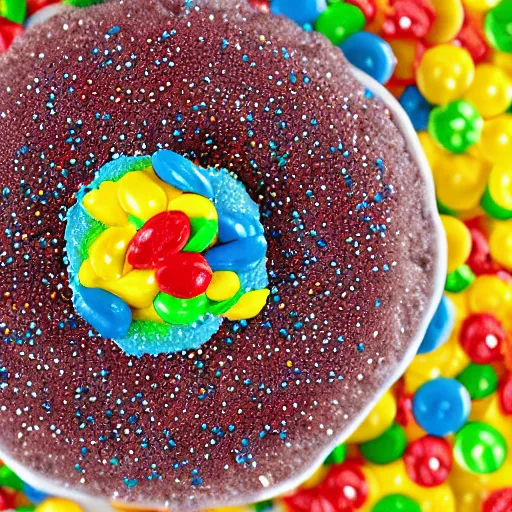 Image similar to real 7 5 mm photograph of a brigadeiro covered in colorful sprinkles