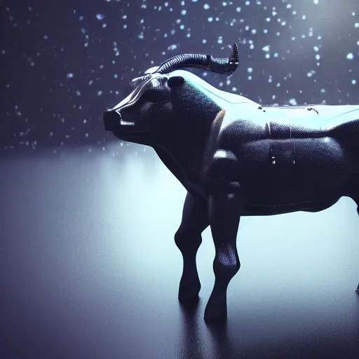 Prompt: cyberpunk cow statue, rain, space, galaxy, octane render, hyperrealism