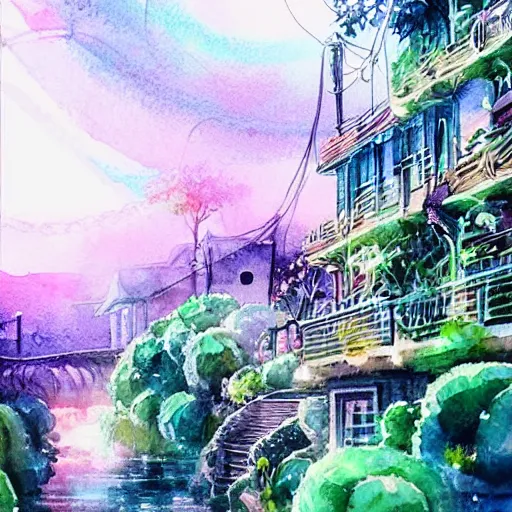 Image similar to Beautiful happy picturesque charming sci-fi town in harmony with nature. Beautiful light. Water and plants. Nice colour scheme, soft warm colour. Beautiful artistic watercolor by Lurid. (2022)