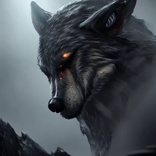 Image similar to a digital art of realistic portrait of werewolf from skyrim, scary grim dark werewolf, wolf man fantasy concept art, werewolf character sheet, 4 k, ultra detail, volumetric lighting, unreal engine, octane render