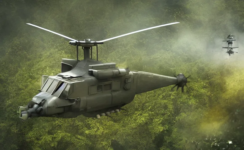 Prompt: photo of sci - fi war helicopter landing on jungle complex, ultra detailed, movie frame, cinematical composition, 4 k, breaking bad