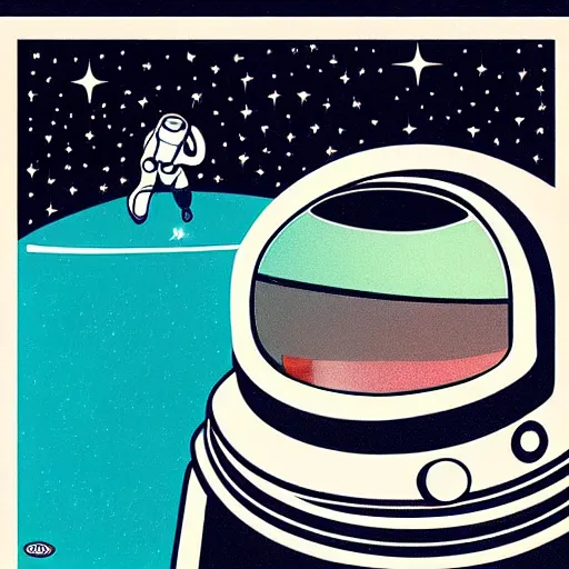 Prompt: “1950’s astronaut in a futuristic city made of glass, reflection of a female shadow silhouette in the glass helmet, the astronaut is under stars and moon. It is art deco style, 1950’s, glowing highlights, teal palette, wide angle, simple shapes”