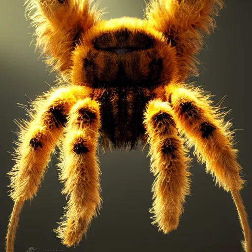 Image similar to fluffy tarantula, golden hour, fantasy, vivid colors, sharp focus, digital art, hyper - realistic, 4 k, unreal engine, highly detailed, hd, dramatic lighting by brom, trending on artstation