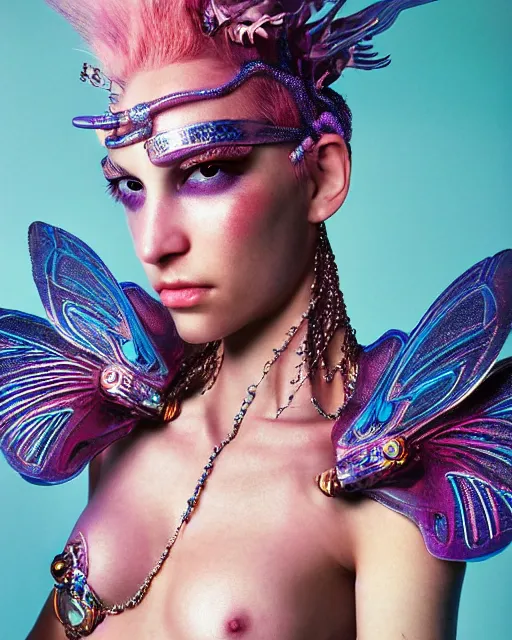 Image similar to natural light, soft focus portrait of a cyberpunk anthropomorphic dragonfly with soft synthetic pink skin, blue bioluminescent plastics, smooth shiny metal, elaborate ornate head piece, piercings, skin textures, by annie leibovitz, paul lehr