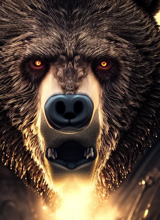 Prompt: portrait of a bear werewolf, brown and grey hair, golden eyes with a paw scar on his right cheek, dim volumetric lighting, 8k octane beautifully detailed render, post-processing, extremely hyperdetailed, intricate, epic composition, grim yet sparkling atmosphere, cinematic lighting + masterpiece, trending on artstation
