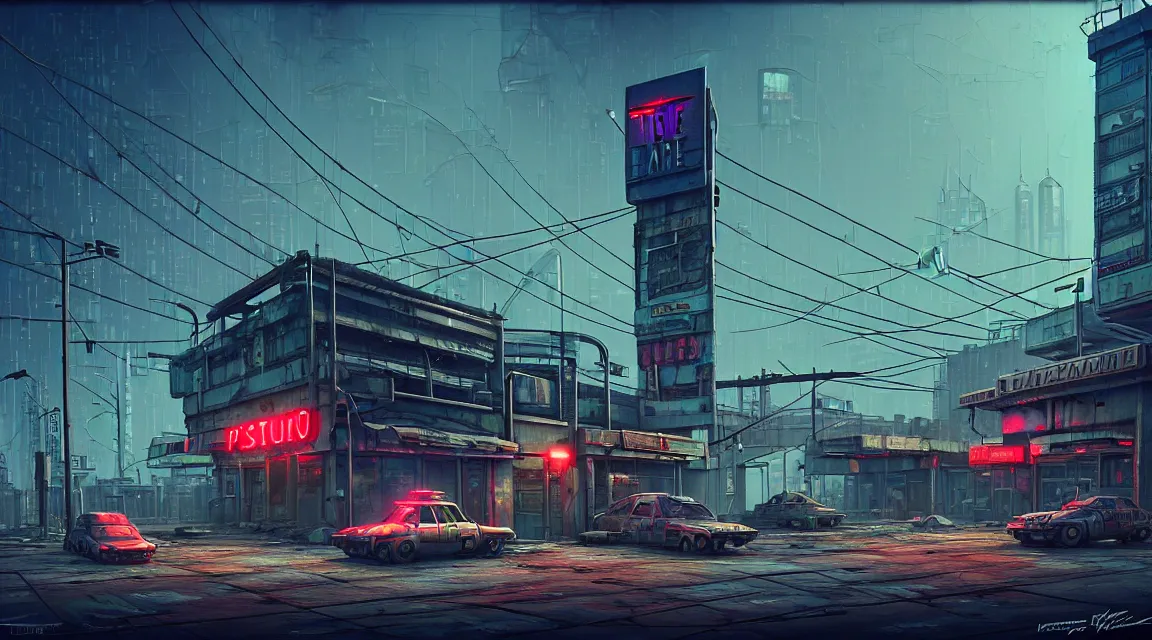 Image similar to post apocalyptic cyberpunk police station, building, avenue, urban architecture, americana architecture, concrete architecture, cloudy sky, paved roads, in the style of simon stalenhag, guido borelli, trending on artstation, photorealistic, wild vegetation, utopian, futuristic, blade runner, vivid colors scheme, neon signs, sharp, clear, focus