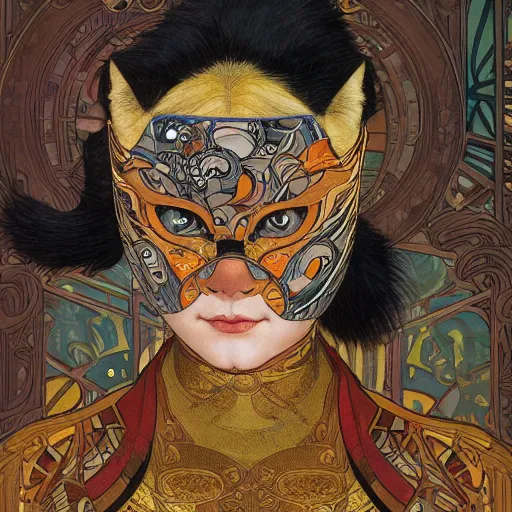 Image similar to cat superhero with kabuki mask, gorgeous, beautiful, intricate, highly detailed, digital painting, artstation, oppressive lighting, concept art, sharp focus, illustration, art by donato giancola and alphonse mucha, background by James Jean and gustav klimt, 4k, volumetric lighting, french nouveau