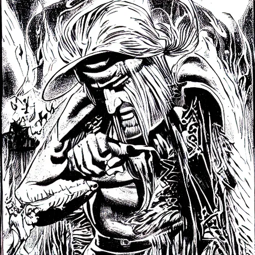 Image similar to the unlucky mage. pen and ink by larry elmore, 1 9 8 2