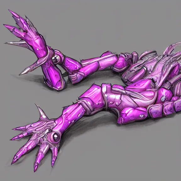 Image similar to very close up foot shot, hyperdetailed elegant beautiful stunning anthropomorphic mecha female dragon showing exquisite sharp dragon soles close to camera, laying on sand, detailed foot shit, sharp claws, sharp silver armor, fuchsia skin, dragon art, warframe destiny fanart, paw art, furry paws, furaffinity, deviantart, octane, ekasportal