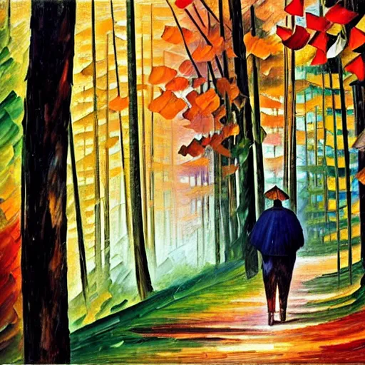 Prompt: a person walking through a forest, art by ivan bilibin and giacomo balla and leonid afremov,