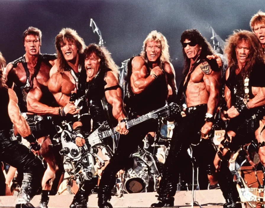 Image similar to colour photo off arnold schwarzenegger, sylvester stallone, dolph lundgren, Chuck Norris and Jean-Claude Van Damme in a heavy metal band, playing guitars, drums, on stage at monsters of rock 1985