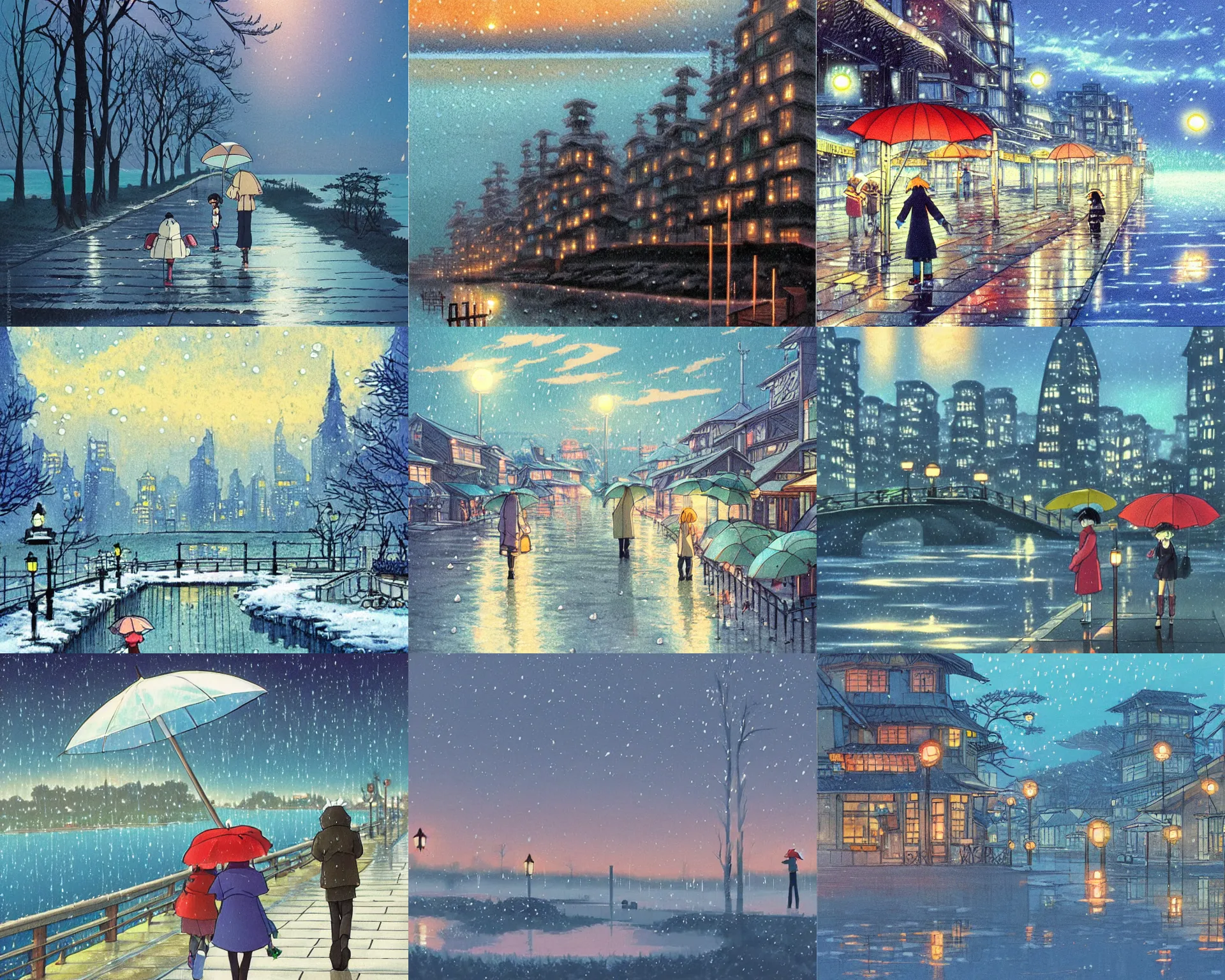 Prompt: rainy day by the lake, winter frost, city lights, anime art by studio ghibli and hayao miyazaki