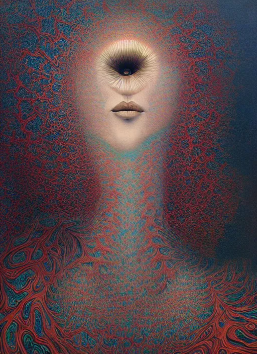 Image similar to dramatic portrait painting of woman with black mandelbrot fractal instead of face, in style of zdzisław beksinski,