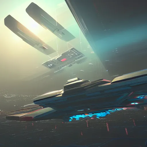 Image similar to a capital spaceship flying over a spaceport, trending on Artstation, 8k, high detail, digital art, cyberpunk