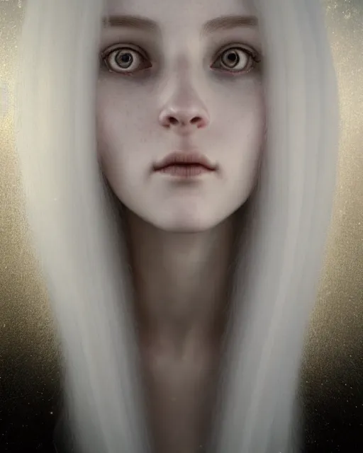 Prompt: dreamy, subsurface scattering, white, young beautiful goddess in cosmos with very long white hair floating in air, octane render, dino valls, mark ryden, joe fenton, michal karcz, highly detailed, rim light, art, cinematic lighting, very coherent, hyper realism, 8 k