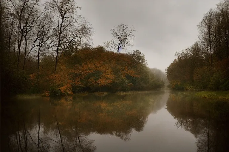 Image similar to a beautiful serene landscape filled with rivers and trees, rainy day, beautiful lighting, high depth, ultra realistic, artistic, by annie leibovitz