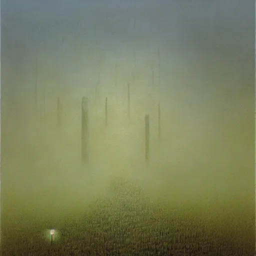 Prompt: arm reaching out of thick fog, symetrical rows of stone blocks in far distance, zdzislaw beksinski