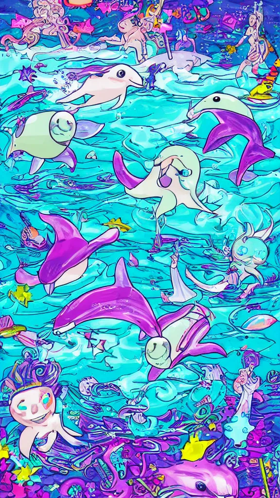 Prompt: y 2 k dolphins, trolls and sparkles, seapunk