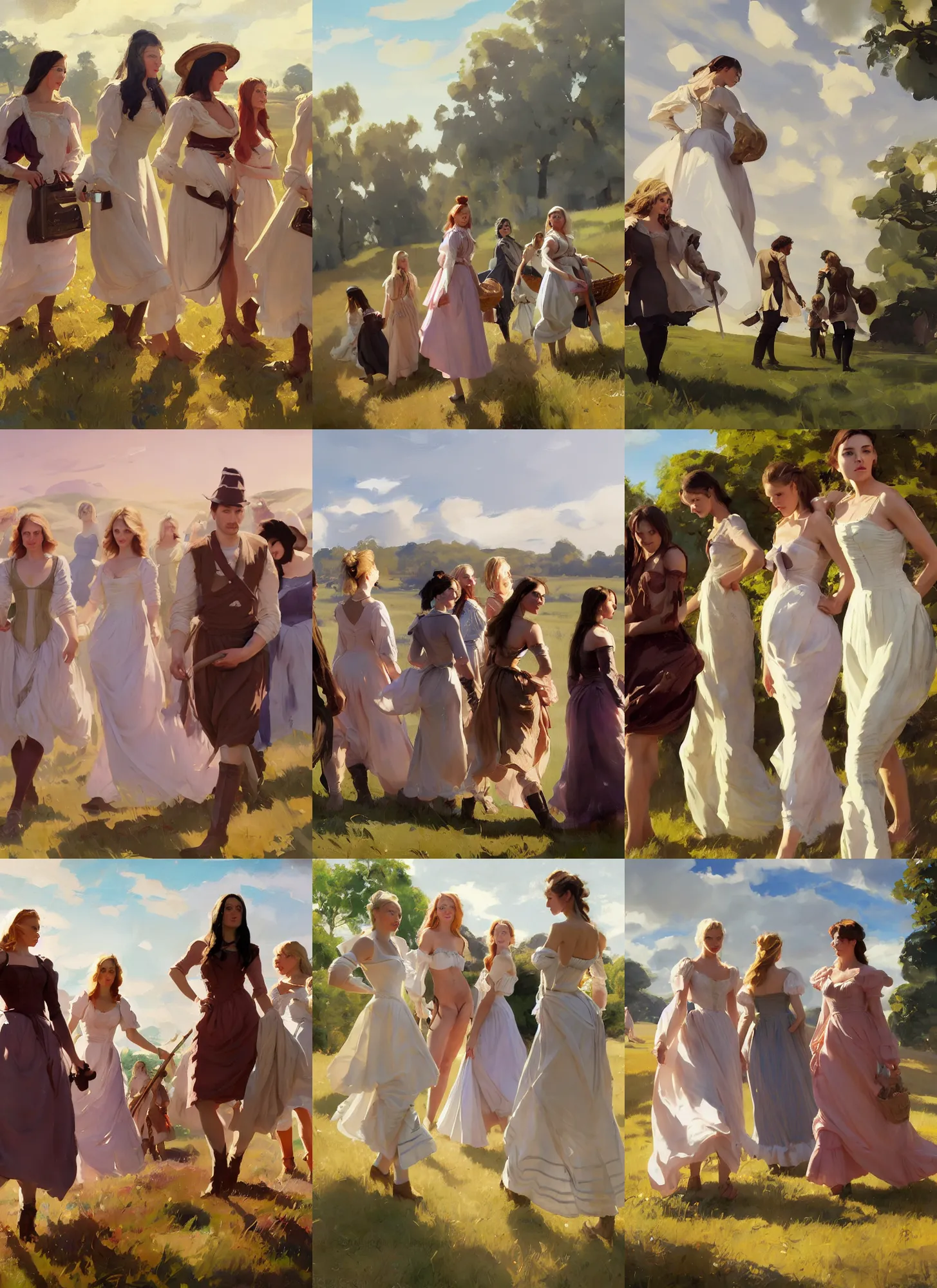Prompt: group of finnish norwegian swedish scandinavian attractive beautiful glamour models wearing 1 7 th century bodice with low neckline walking in the field in a sunny day, jodhpurs greg manchess painting by sargent and leyendecker, studio ghibli fantasy medium shot asymmetrical intricate elegant matte painting illustration hearthstone, by greg rutkowski by greg tocchini by james gilleard